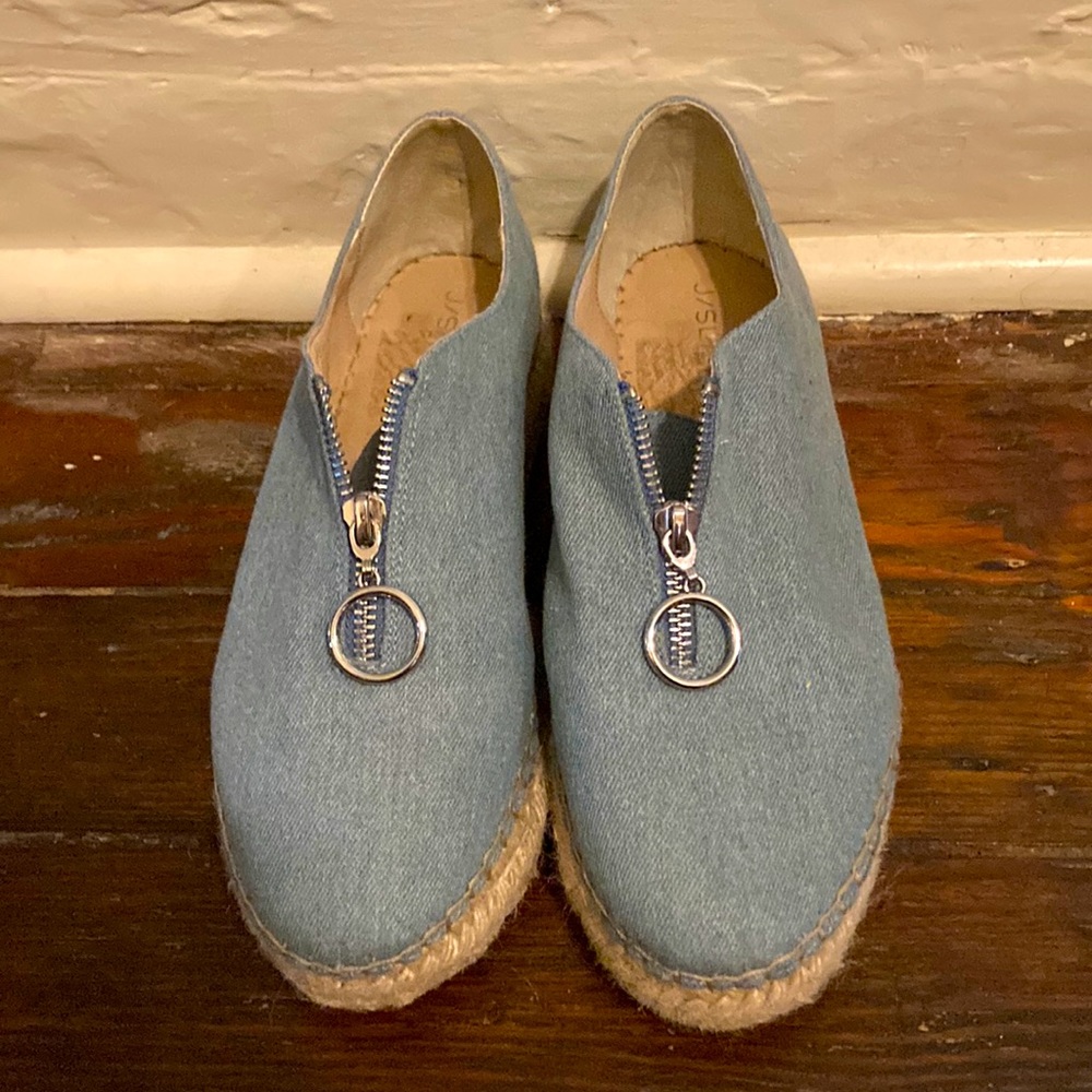 J/Slides espadrille slip ons. Material is a light denim.